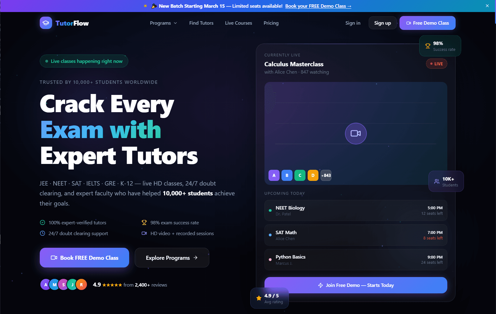 Online Tutoring & Learning Marketplace — Live Video Classes, Booking & Student Dashboard